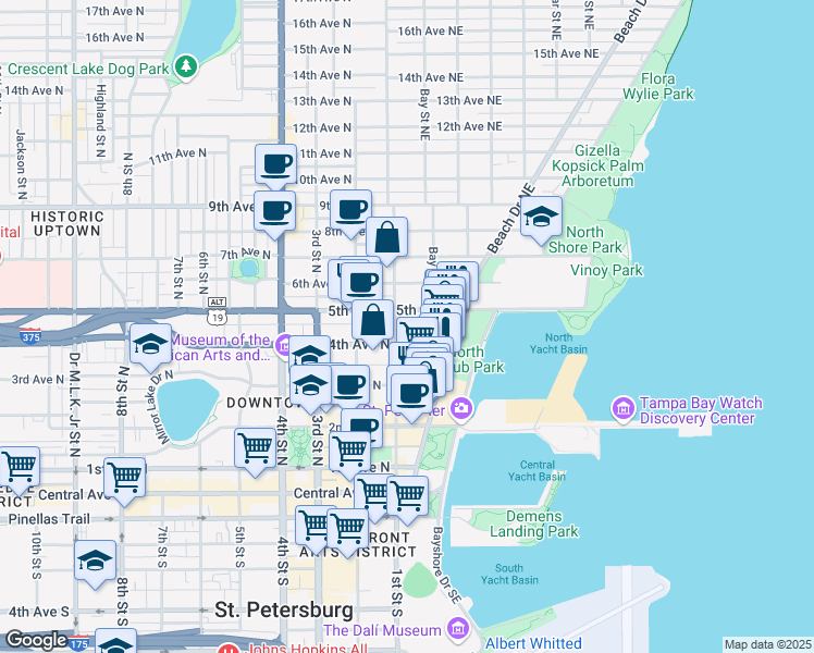 map of restaurants, bars, coffee shops, grocery stores, and more near 105 4th Avenue Northeast in St. Petersburg