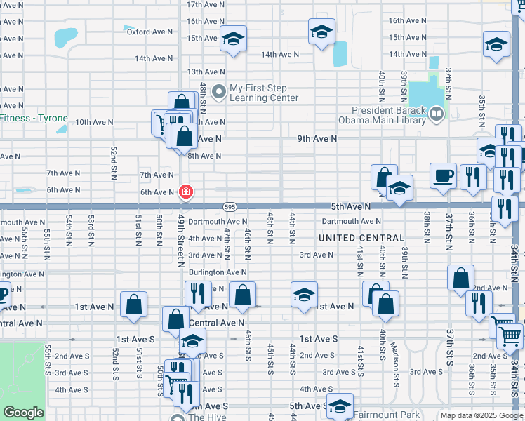 map of restaurants, bars, coffee shops, grocery stores, and more near 4520 5th Avenue North in St. Petersburg