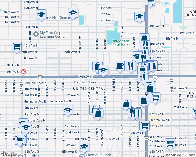 map of restaurants, bars, coffee shops, grocery stores, and more near 3962 5th Avenue North in Saint Petersburg