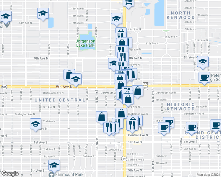 map of restaurants, bars, coffee shops, grocery stores, and more near 3528 5th Ave N in St Petersburg