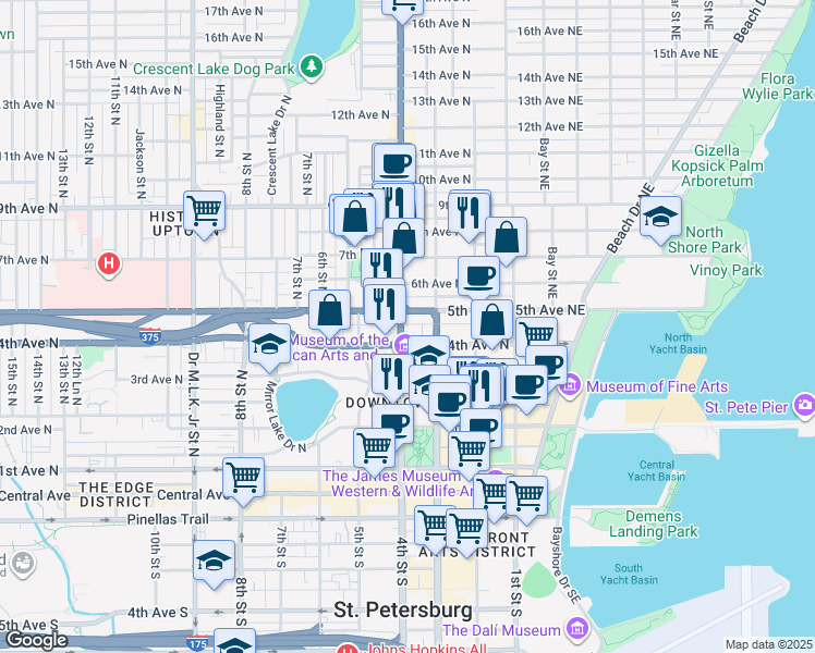 map of restaurants, bars, coffee shops, grocery stores, and more near 325 4th Avenue North in St. Petersburg
