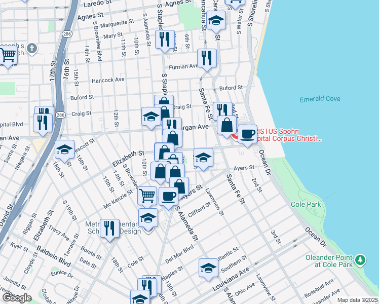 map of restaurants, bars, coffee shops, grocery stores, and more near 903 Elizabeth Street in Corpus Christi