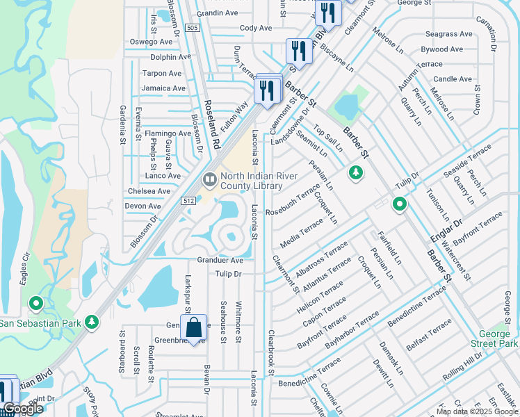 map of restaurants, bars, coffee shops, grocery stores, and more near 875 Rosebush Terrace in Sebastian