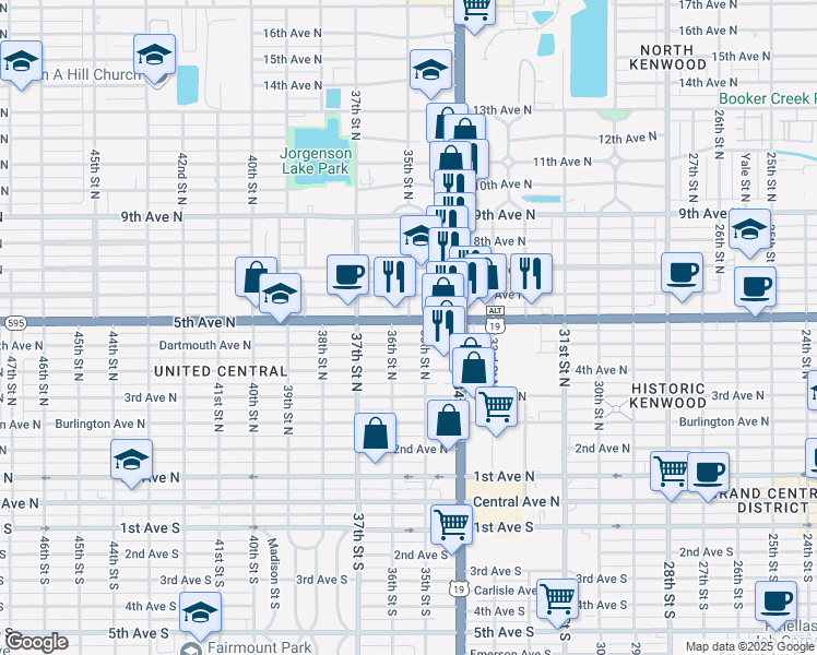 map of restaurants, bars, coffee shops, grocery stores, and more near 3528 5th Avenue North in Saint Petersburg