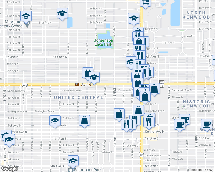 map of restaurants, bars, coffee shops, grocery stores, and more near 3750 5th Avenue North in St. Petersburg
