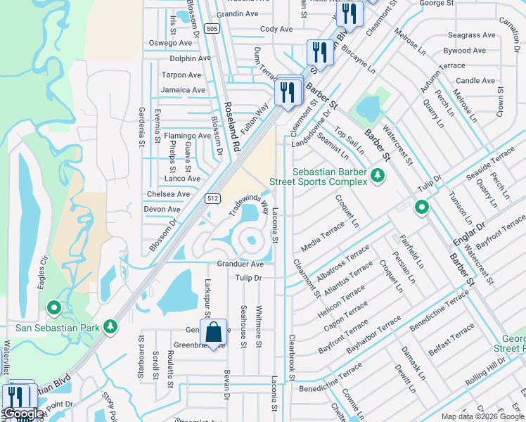 map of restaurants, bars, coffee shops, grocery stores, and more near 1412 Tradewinds Way in Sebastian