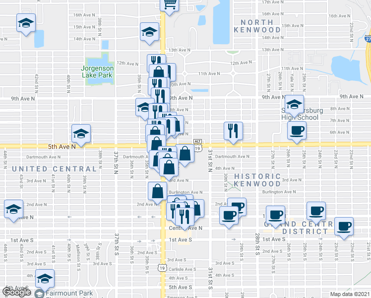 map of restaurants, bars, coffee shops, grocery stores, and more near 3250 5th Avenue North in St. Petersburg