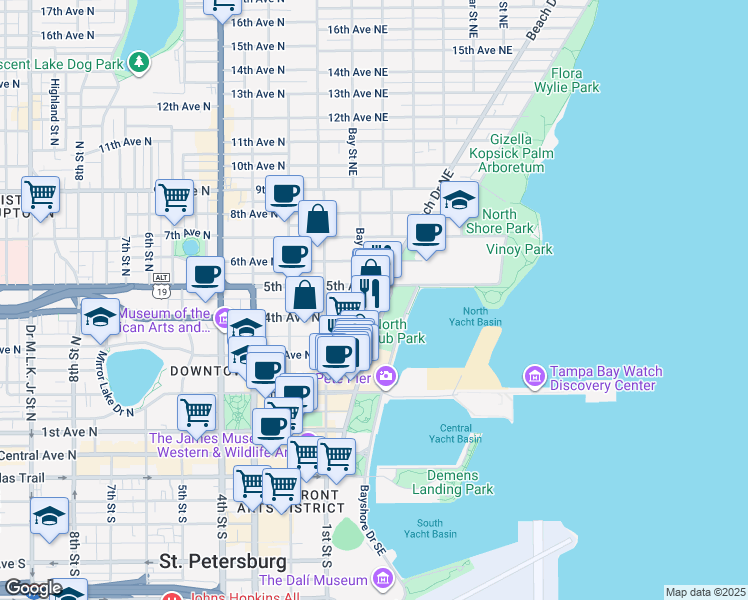 map of restaurants, bars, coffee shops, grocery stores, and more near 400 Beach Drive Northeast in St. Petersburg