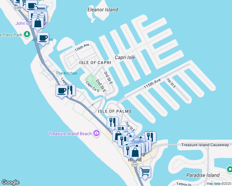 map of restaurants, bars, coffee shops, grocery stores, and more near 275 116th Avenue in Treasure Island