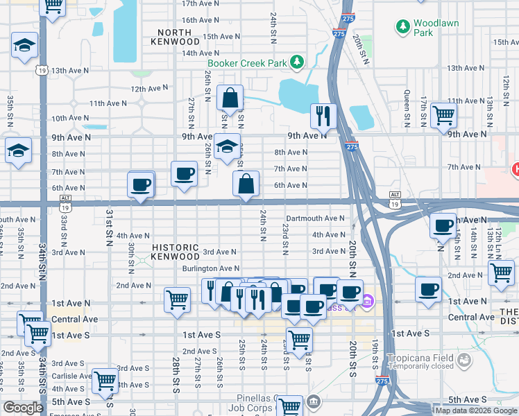 map of restaurants, bars, coffee shops, grocery stores, and more near 2420 5th Avenue North in St. Petersburg