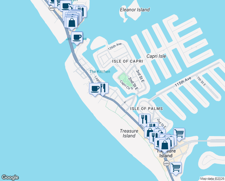 map of restaurants, bars, coffee shops, grocery stores, and more near 11855 1st Street East in Treasure Island
