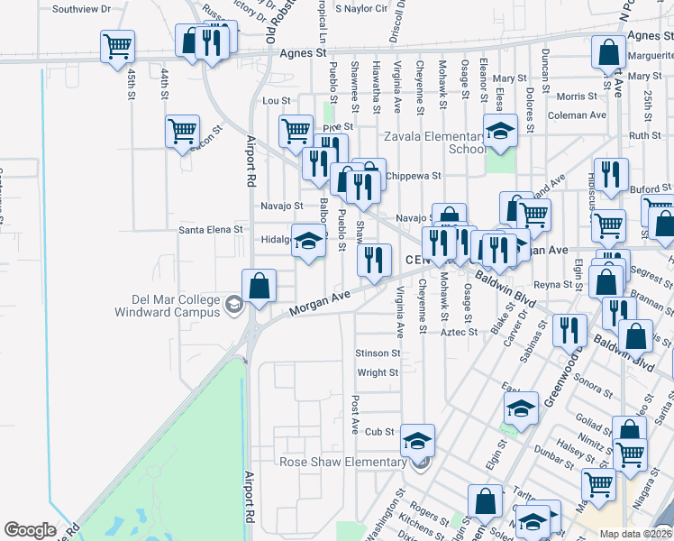 map of restaurants, bars, coffee shops, grocery stores, and more near 549 Pueblo Street in Corpus Christi