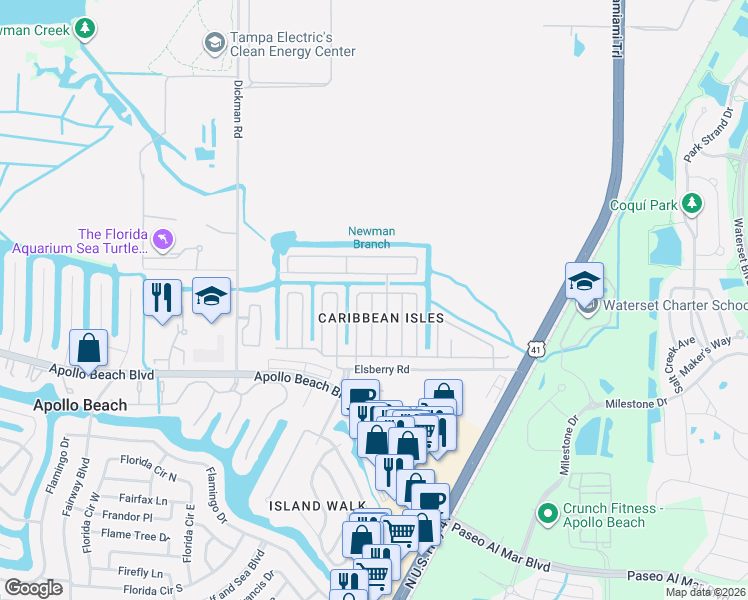 map of restaurants, bars, coffee shops, grocery stores, and more near 250 Port Royal Lane in Apollo Beach