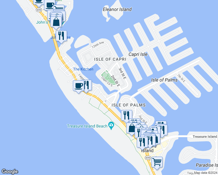 map of restaurants, bars, coffee shops, grocery stores, and more near 11760 Capri Circle South in Treasure Island
