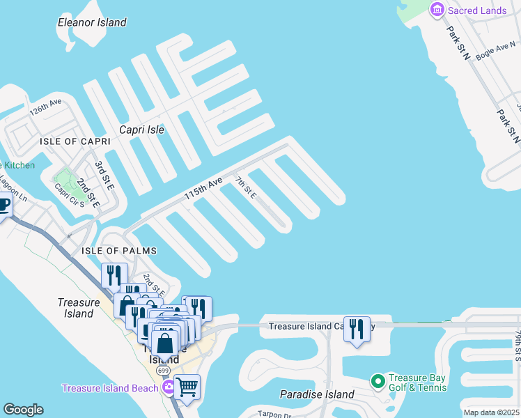 map of restaurants, bars, coffee shops, grocery stores, and more near 11205 7th Street East in Treasure Island