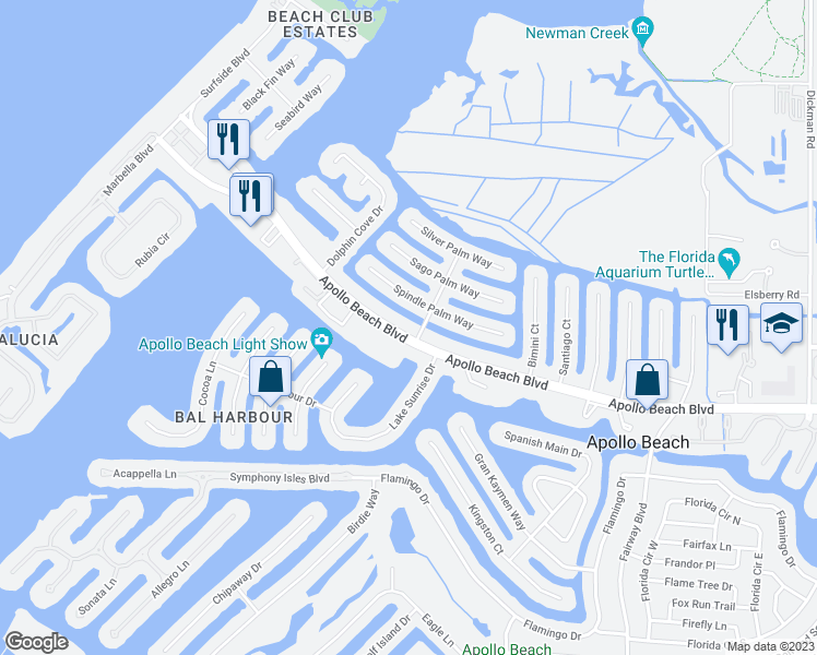 map of restaurants, bars, coffee shops, grocery stores, and more near 6505 Abaco Drive in Apollo Beach