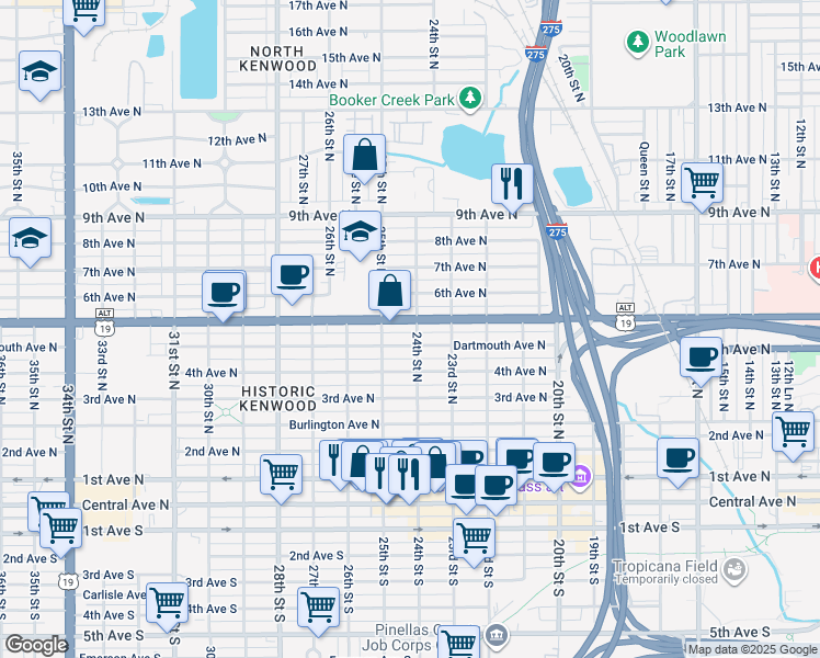 map of restaurants, bars, coffee shops, grocery stores, and more near 2420 5th Avenue North in St. Petersburg