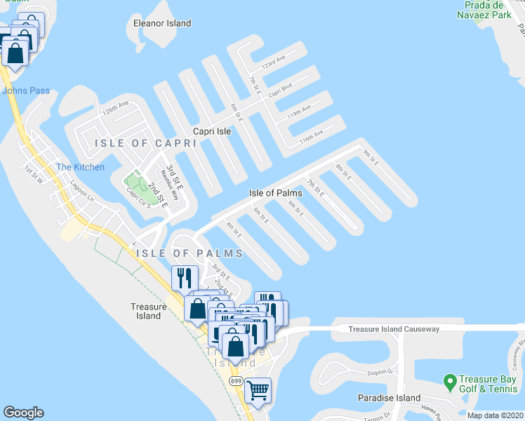 map of restaurants, bars, coffee shops, grocery stores, and more near 11425 5th Street East in Treasure Island