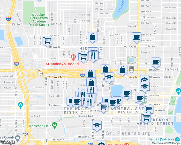 map of restaurants, bars, coffee shops, grocery stores, and more near 456 Doctor Martin Luther King Junior Street North in St. Petersburg