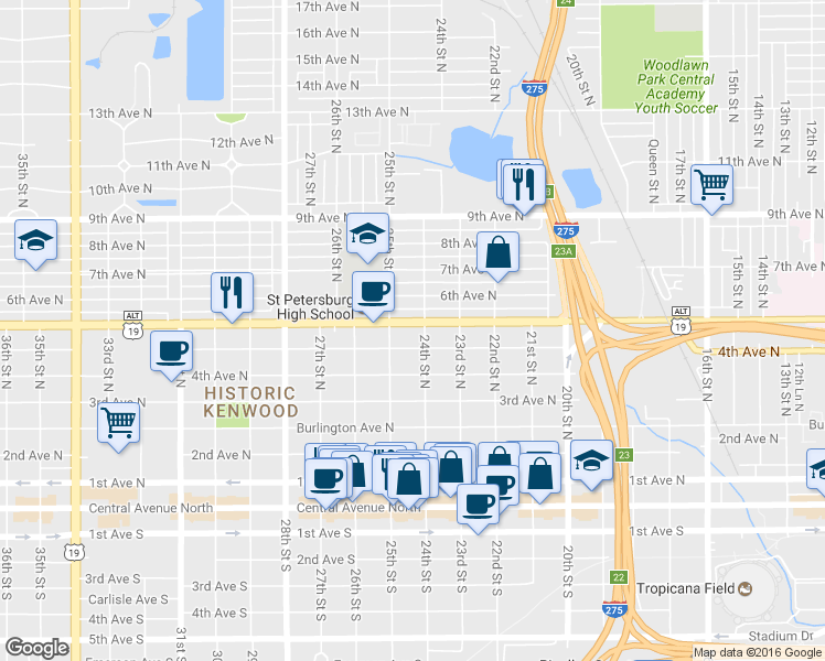 map of restaurants, bars, coffee shops, grocery stores, and more near 2420 5th Avenue North in St. Petersburg