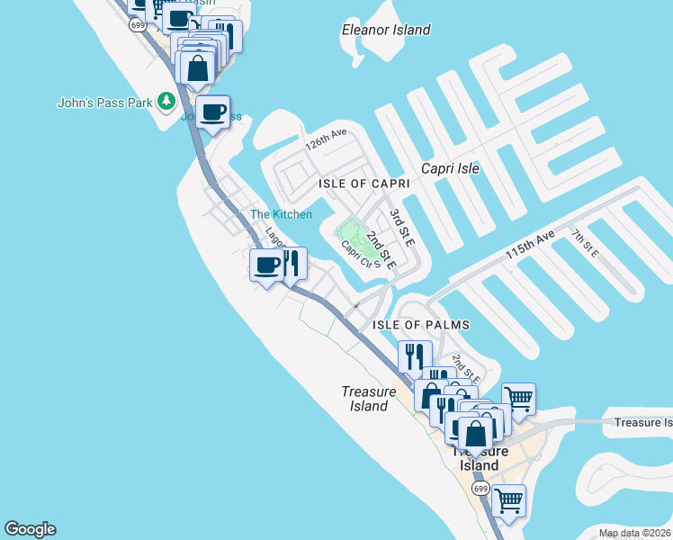 map of restaurants, bars, coffee shops, grocery stores, and more near 11855 1st Street East in Treasure Island