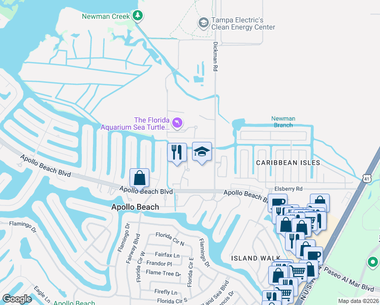 map of restaurants, bars, coffee shops, grocery stores, and more near 519 Treviso Drive in Apollo Beach