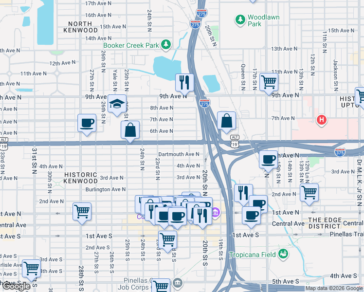 map of restaurants, bars, coffee shops, grocery stores, and more near 2110 5th Avenue North in St. Petersburg