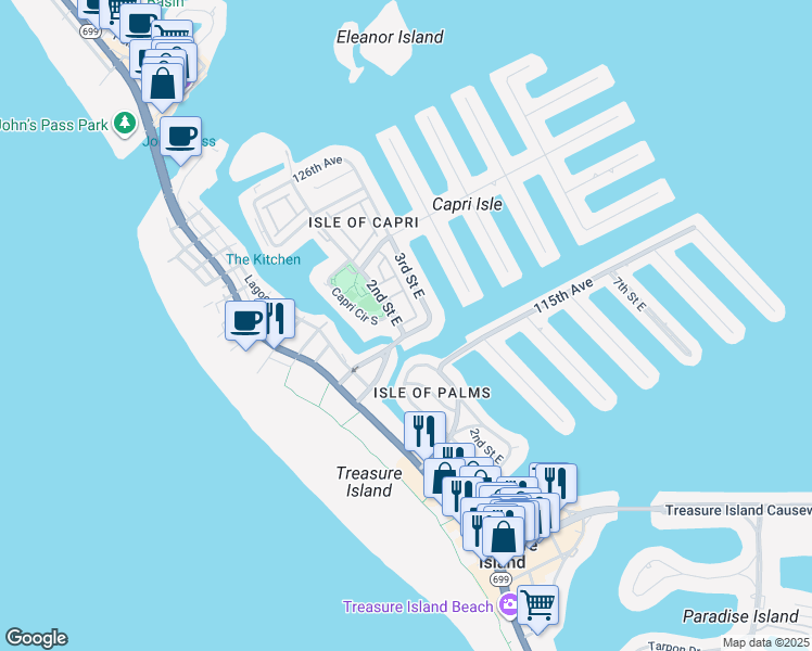 map of restaurants, bars, coffee shops, grocery stores, and more near 205 Nautilus Way in Treasure Island