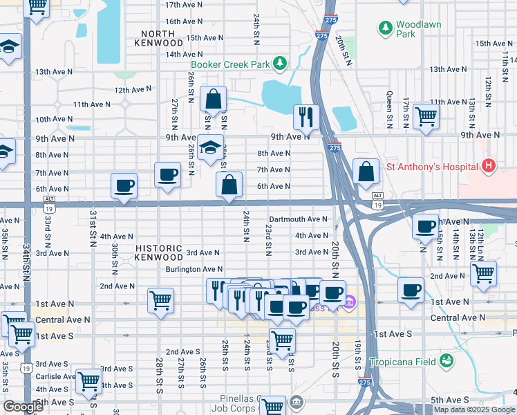 map of restaurants, bars, coffee shops, grocery stores, and more near 2326 5th Ave N in St Petersburg