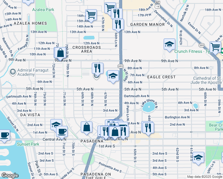 map of restaurants, bars, coffee shops, grocery stores, and more near 6652 5th Avenue North in Saint Petersburg