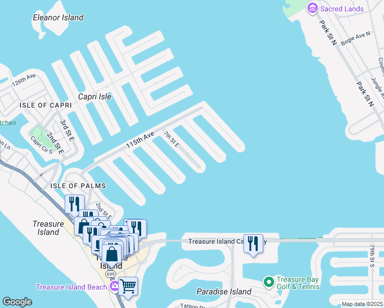 map of restaurants, bars, coffee shops, grocery stores, and more near 11205 7th Street East in Treasure Island