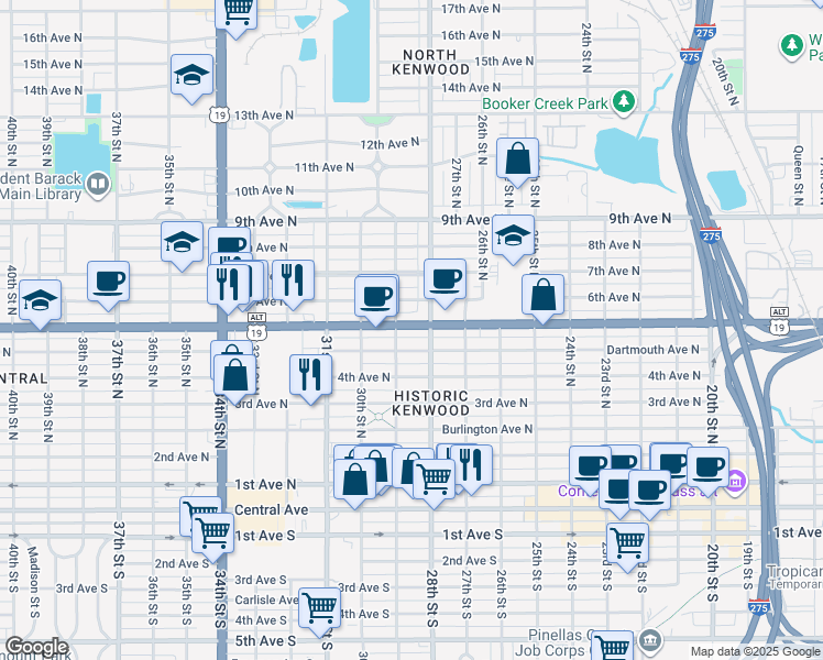 map of restaurants, bars, coffee shops, grocery stores, and more near 2836 5th Avenue North in St. Petersburg
