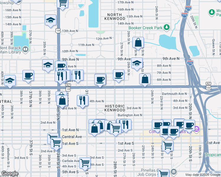 map of restaurants, bars, coffee shops, grocery stores, and more near 2862 5th Avenue North in St. Petersburg