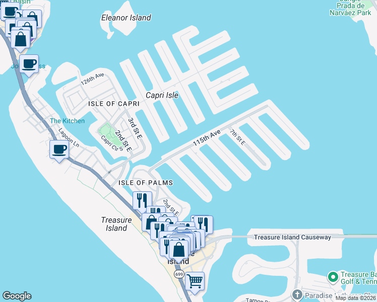 map of restaurants, bars, coffee shops, grocery stores, and more near 455 115th Avenue in Treasure Island