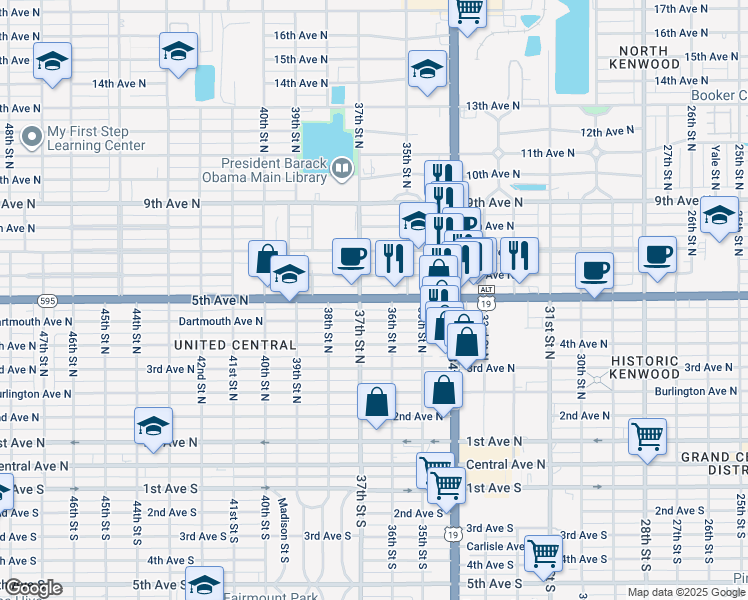 map of restaurants, bars, coffee shops, grocery stores, and more near 3636 5th Avenue North in St. Petersburg