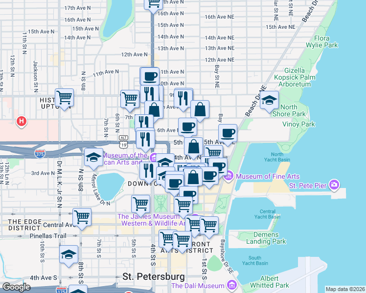 map of restaurants, bars, coffee shops, grocery stores, and more near 436 2nd Street North in St. Petersburg