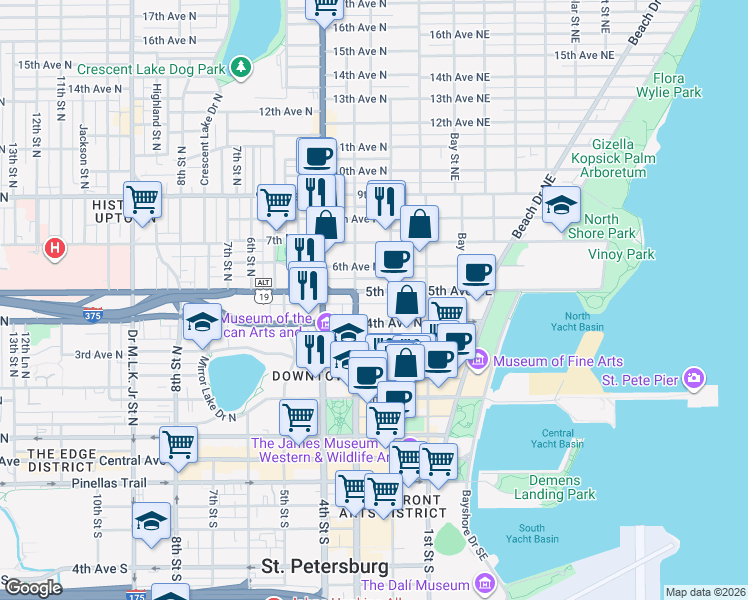 map of restaurants, bars, coffee shops, grocery stores, and more near 249 4th Avenue North in St. Petersburg