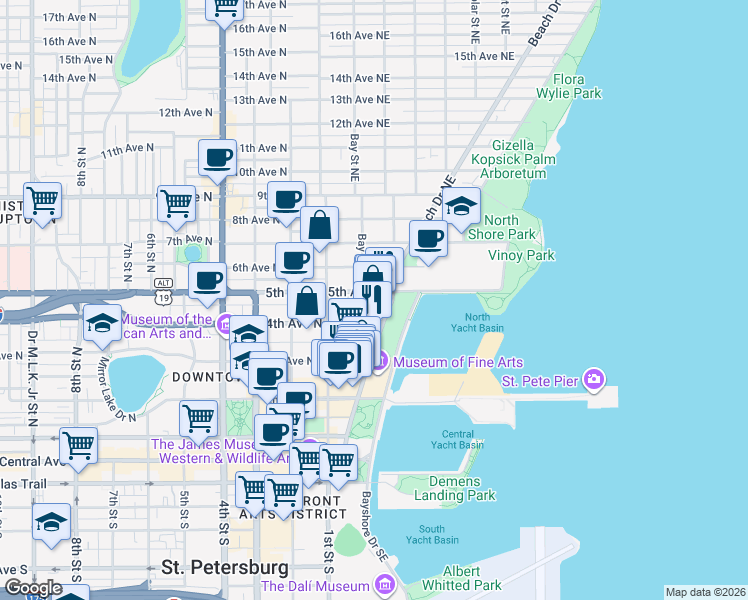 map of restaurants, bars, coffee shops, grocery stores, and more near 400 Beach Drive Northeast in St. Petersburg