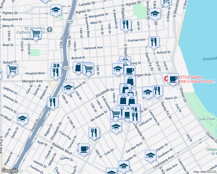 map of restaurants, bars, coffee shops, grocery stores, and more near 1310 Elizabeth Street in Corpus Christi
