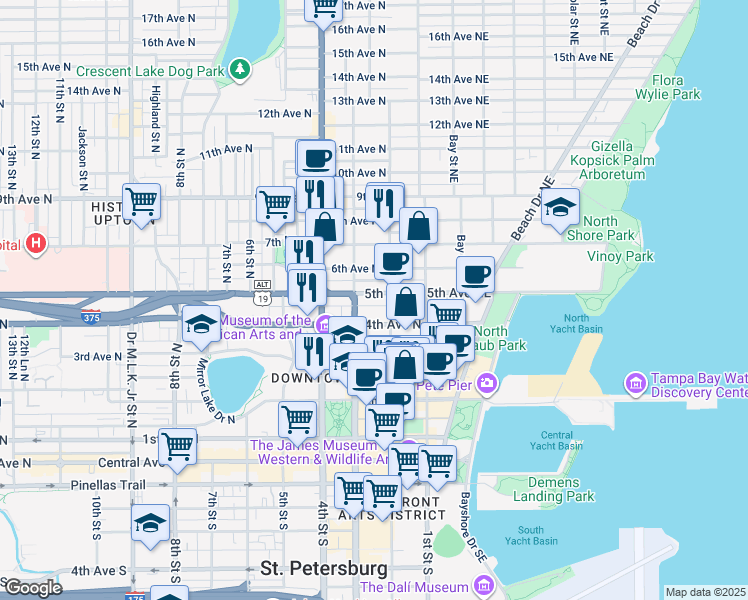 map of restaurants, bars, coffee shops, grocery stores, and more near 249 4th Avenue North in St. Petersburg