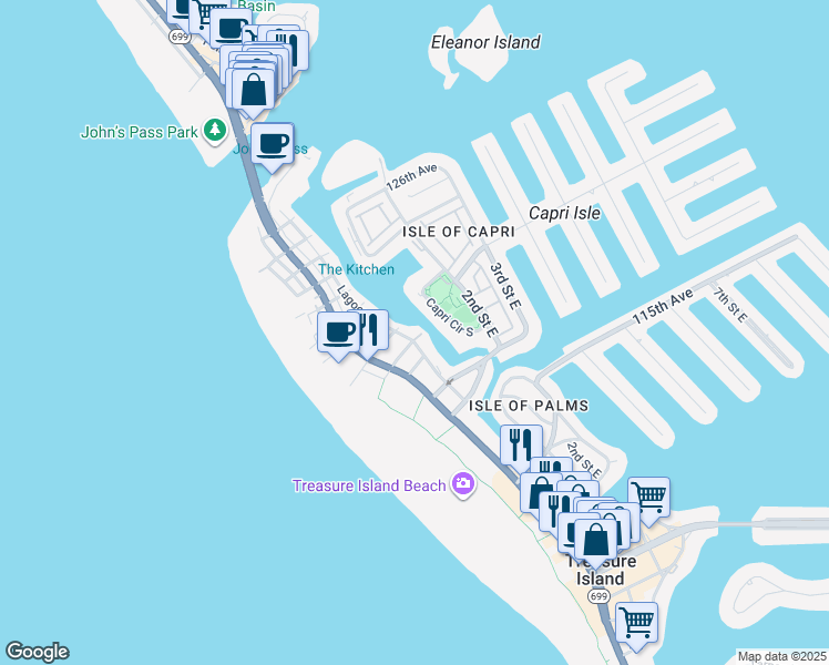 map of restaurants, bars, coffee shops, grocery stores, and more near 11855 1st Street East in Treasure Island