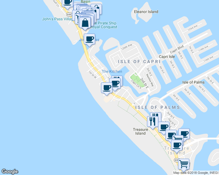 map of restaurants, bars, coffee shops, grocery stores, and more near 12100 Gulf Boulevard in Treasure Island