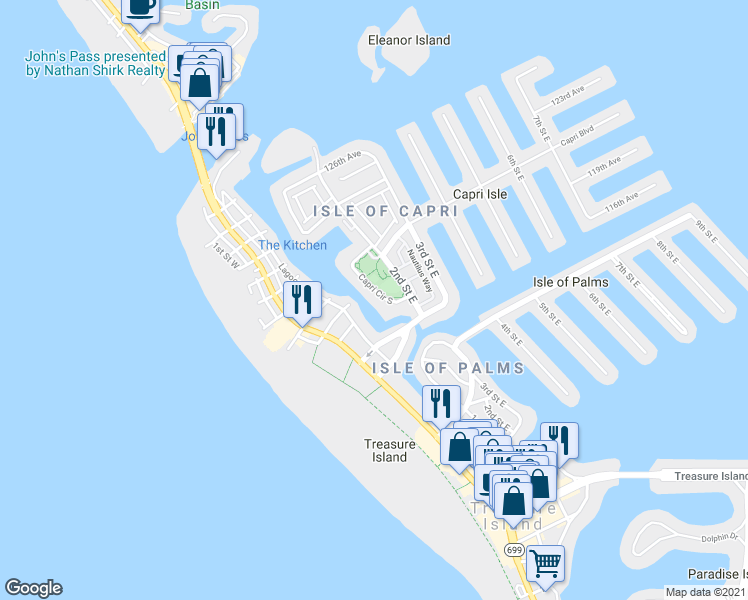 map of restaurants, bars, coffee shops, grocery stores, and more near 11800 Capri Circle South in Treasure Island