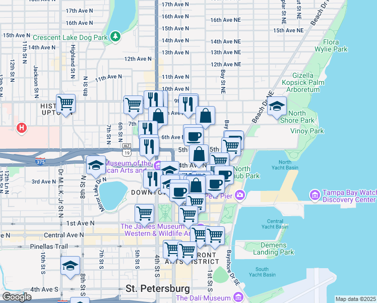 map of restaurants, bars, coffee shops, grocery stores, and more near 249 4th Avenue North in St. Petersburg