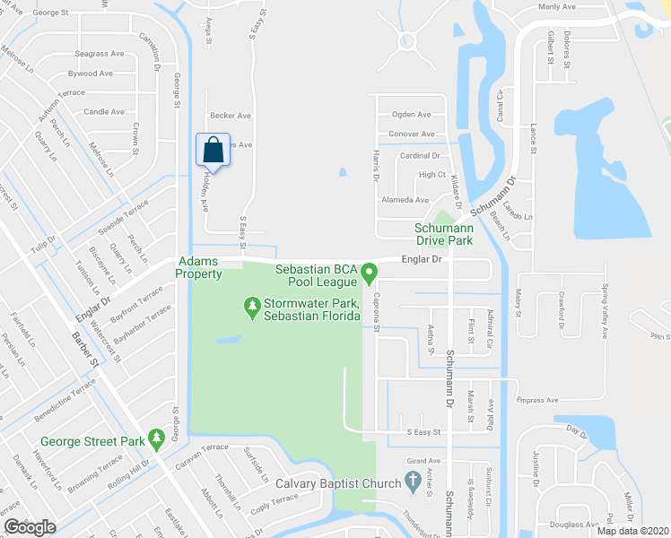 map of restaurants, bars, coffee shops, grocery stores, and more near 173 Englar Drive in Sebastian
