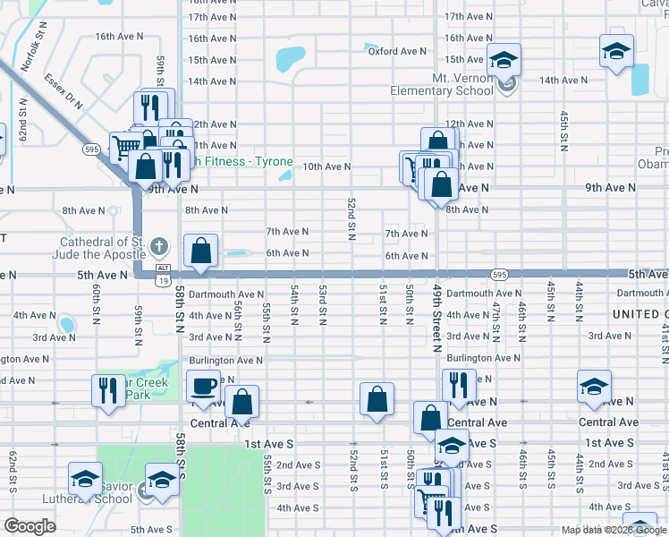 map of restaurants, bars, coffee shops, grocery stores, and more near 5300 5th Avenue North in St. Petersburg