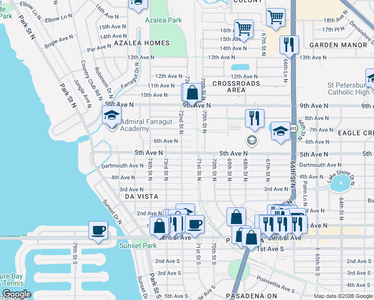 map of restaurants, bars, coffee shops, grocery stores, and more near 7125 5th Avenue North in St. Petersburg