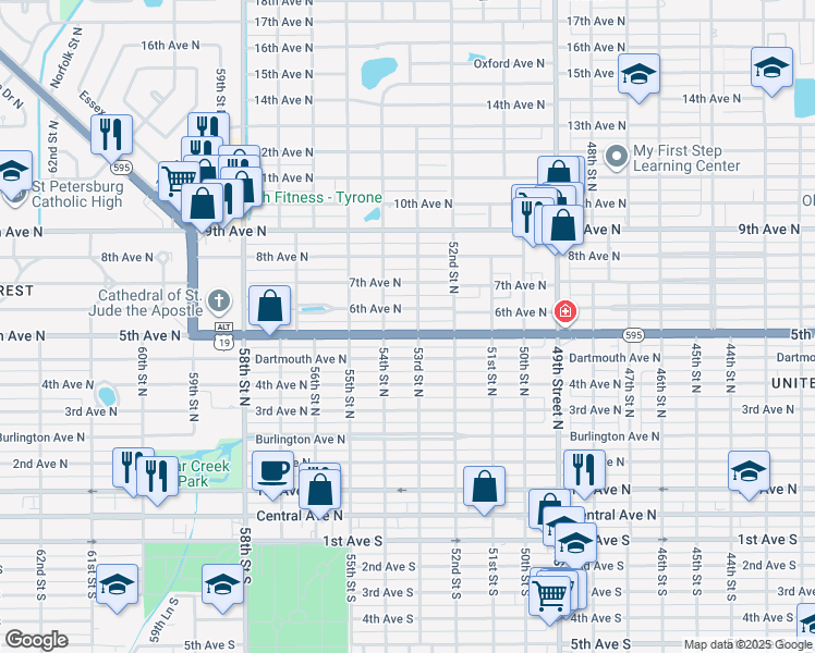map of restaurants, bars, coffee shops, grocery stores, and more near 5319 5th Avenue North in Saint Petersburg