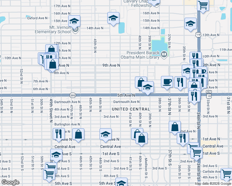 map of restaurants, bars, coffee shops, grocery stores, and more near 4200 5th Avenue North in St. Petersburg