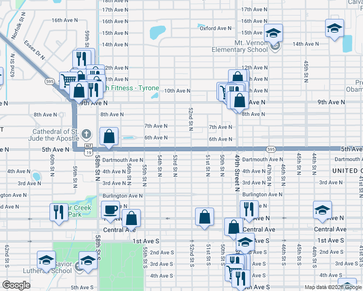 map of restaurants, bars, coffee shops, grocery stores, and more near 5300 5th Avenue North in St. Petersburg